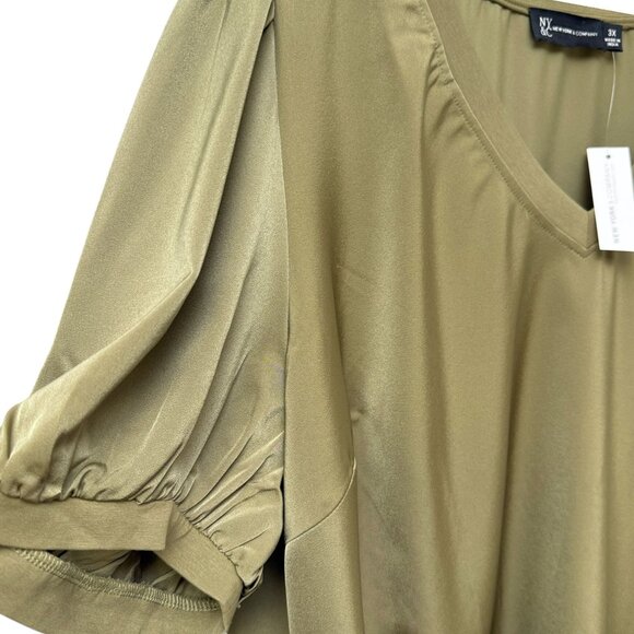 New York & Company Womens Top Plus Size 3X Puff Sleeve V-Neck Satin Blouse Green - Picture 8 of 11